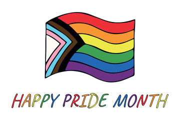 Colorful Lgbtq progress pride flag Happy pride day LGBTQ community Pride Month Vector hand drawn doodle for posters, stickers, logo, cards