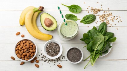 Fresh Healthy Green Smoothie Ingredients on White Wooden Table with Spinach Bananas Avocado Almonds and Chia Seeds Vegan Superfood Concept generative ai