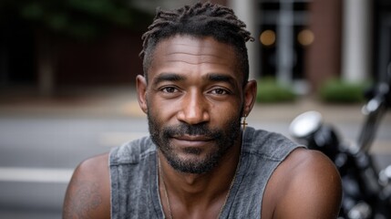 Portrait of Black Man with Tightly Coiled Dreadlocks Smiling Outdoors Against Urban Background