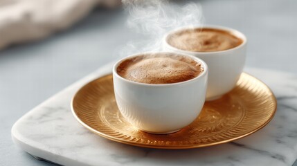 Fototapeta premium Traditional Arab coffee served in elegant cups with steam rising on a luxurious marble table