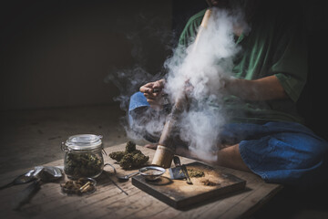 Addiction concept, An addict experiencing a crisis of dependence after prolonged use of drugs and alcohol, Stop dope,  international Day against Drug Abuse and Illicit Trafficking.