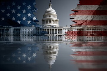 Fototapeta premium US Capitol Building Divided Crumbling American Flag Reflection