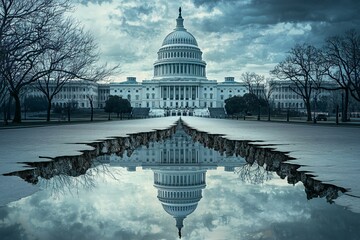 Fototapeta premium Dramatic Reflection of US Capitol Building in Cracked Pavement Political Concept