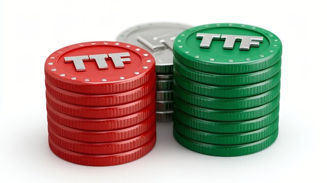 Stacks of Red and Green Tokens with TTF Abbreviation Financial Concept Illustration
