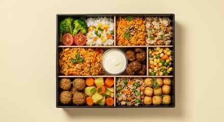 Assorted Food Bento Box with Rice Vegetables and Meatballs