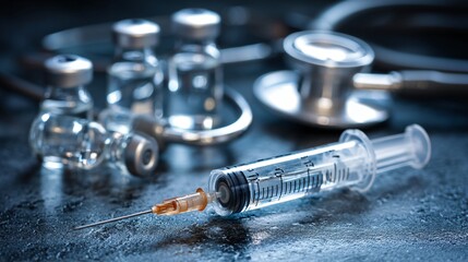 Medical Syringe Vials and Stethoscope on Dark Surface Healthcare and Vaccination Concept