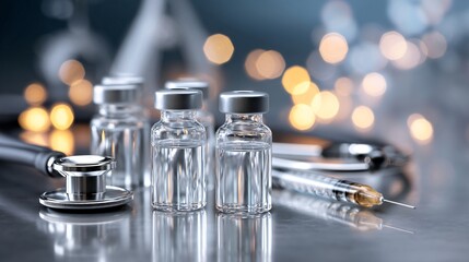 Medical Vials Syringe and Stethoscope Healthcare and Vaccine Research Concept