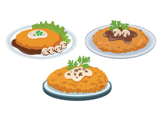 vector illustration of a german food J&auml;gerschnitzel (Schnitzel Served with Mushroom Sauce)