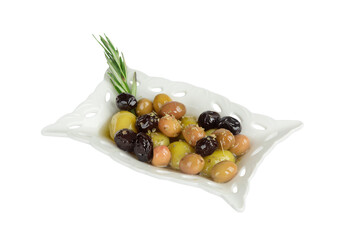 Organic olives in green and black on the breakfast plate