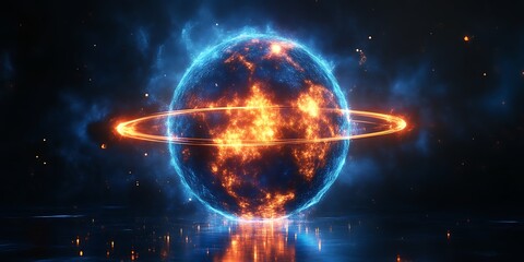 A vibrant cosmic celestial sphere radiates light within a space scene