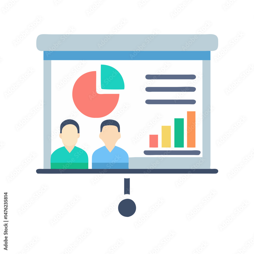 Poster business presentation with chart data and team members