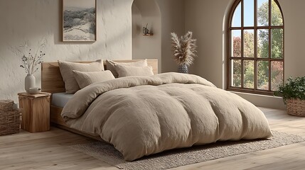 Serene Bedroom with Beige Linen Bedding and Natural Light