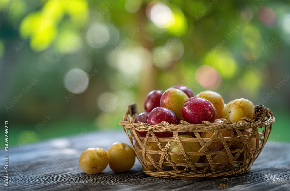 Poster Fresh and Vibrant Plums in a Rustic Basket on a Wooden Table Surrounded by Lush Greenery and Soft Bokeh Effect