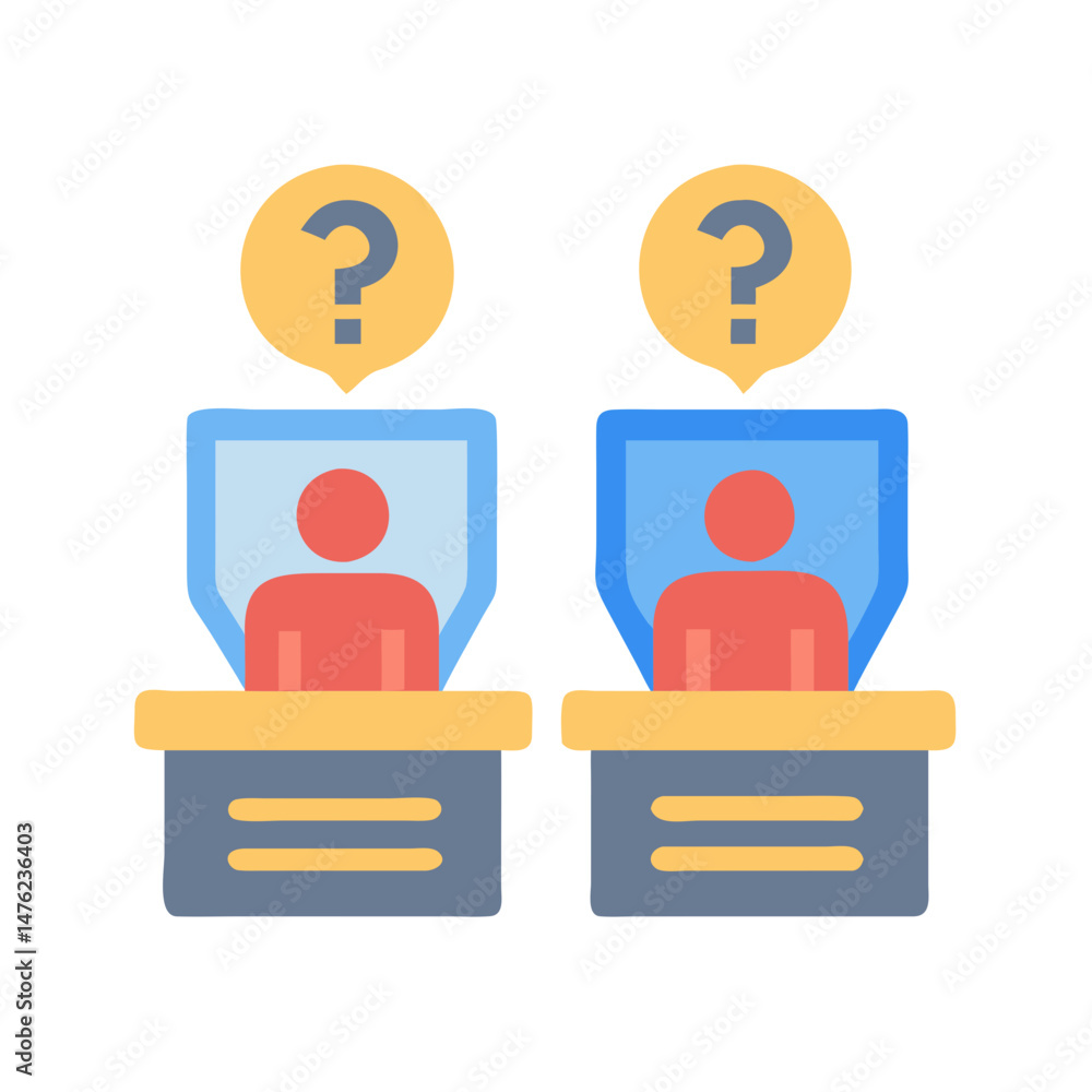 Poster two people with question marks above them in flat style