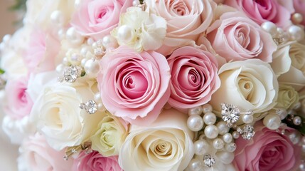 Obraz premium Stunning Pink and White Rose Bouquet with Pearls and Diamonds