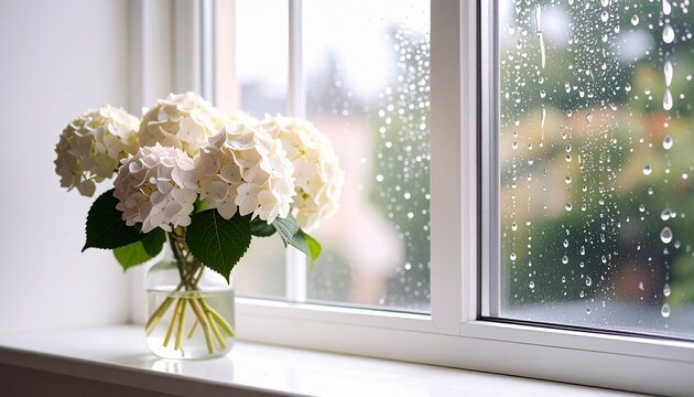 雨の窓辺、白い紫陽花