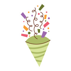 Green clapper, cracker, fire cracker, firework with confetti. Vector flt hand drawn illustration isolated on transparent background.