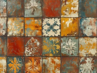Decorative ceramic tiles featuring floral patterns in warm colors, close up shot, rustic style, colorful background
