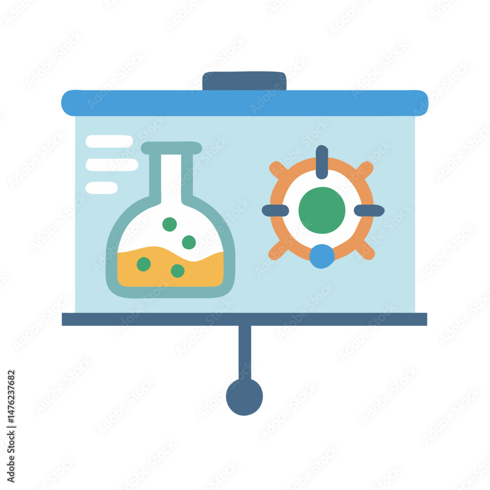 Poster science presentation screen featuring lab flask and target icons