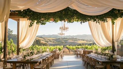 Rustic Vineyard Wedding Reception with Elegant Chandeliers