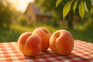 Fresh Ripe Peaches on Checkered Tablecloth in Sunlit Orchard
