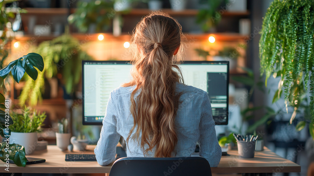 Poster dedicated female programmer fine-tuning software code at ergonomic standing workstation in contempor