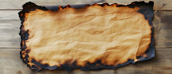 Burnt edge paper on wooden surface overhead shot for message announcement invitation or background texture