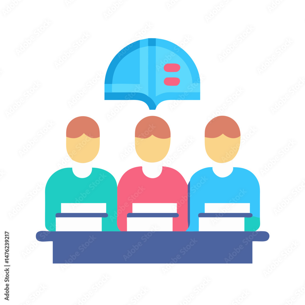 Poster flat design of group discussing under a speech bubble