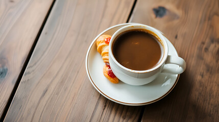 Fototapeta premium Enjoying a warm cup of coffee with a buttery croissant and fruit preserves on a rustic wooden table