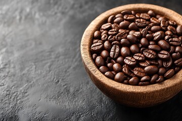 Fototapeta premium Roasted coffee beans filling a wooden bowl on a dark surface