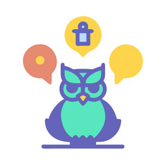 Stylized owl with speech bubbles conveying thought processes concept