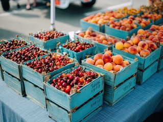 Fresh bounty of cherry and peach fruits displayed in rustic wooden crates at a vibrant outdoor farmer's market setting during sunny day in summer season