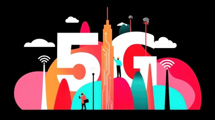 Colorful illustration highlighting 5G technology with signals, skyscrapers, and people connecting in a modern cityscape.
