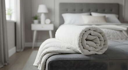 Rolled white blanket on gray bench