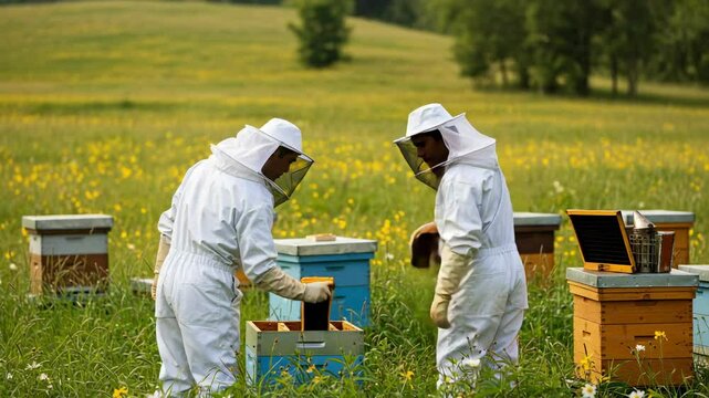 Two Adult Beekeepers in Protective Gear Tending to Honeybee Hives in a Flower-Filled Field Under a Sunny Sky