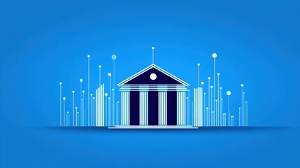 Fototapeta premium A digital illustration of a bank building surrounded by abstract lines and dots on a blue background, symbolizing digital banking or fintech.