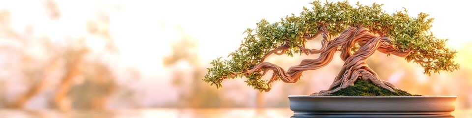 Bonsai tree with twisting branches beautifully displayed on a reflective surface