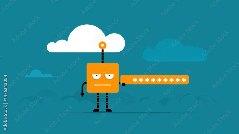 Poster a robot holds a password bar with asterisks, set against a blue background with clouds.
