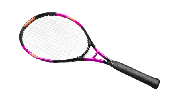 Tennis Racket on Display: A striking tennis racket, with its vibrant colors, is poised to begin a match. Capture the moment and energy of a sports essential against a clean backdrop.