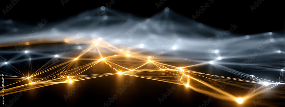 Poster a digital artwork with sharp, jagged yellow and black lines intersecting chaotically against a dark 