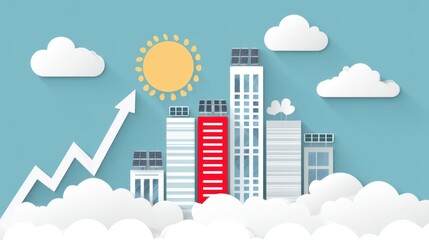Fototapeta premium Modern city skyline with solar-powered buildings, rising arrow, and bright sun, symbolizing growth, sustainability, and clean energy.