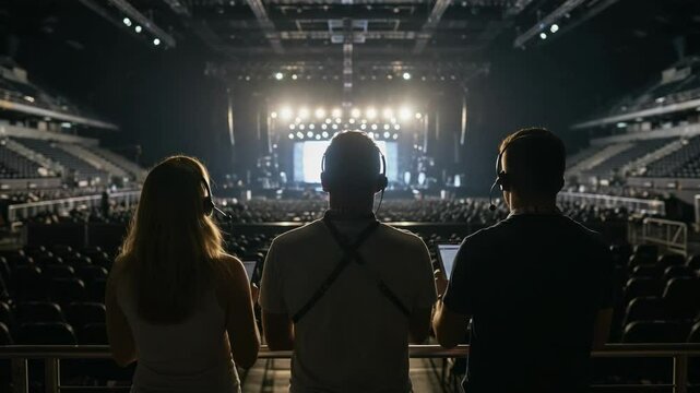 A Diverse Team of Three Technical Staff Overseeing an Empty Concert Hall at Night from Backstage, Managing the Lighting and Sound Systems in Preparation for a Live Show