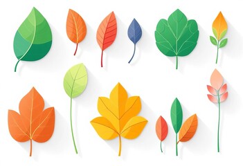 Set of flat illustrated leaf icons, various shapes and colors, isolated on white, nature, symbol