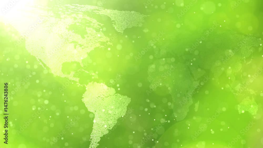 Poster sunny green nature bokeh with world map copy space animation.