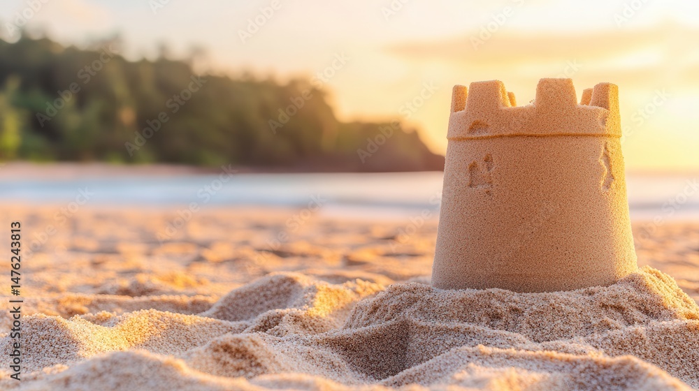 Poster sandcastle on a beach at sunset with gentle waves and trees in the background