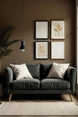 Fototapeta premium Dark Sofa in a Modern Living Room with Botanical Prints and Pendant Light