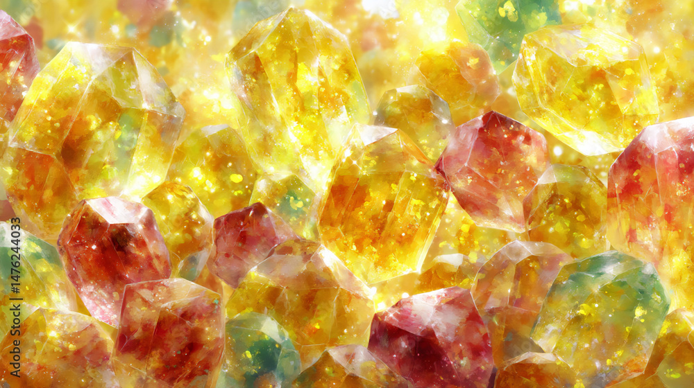 Poster an abstract image using vibrant yellow and orange hues with sharp white angles representing ice, sug