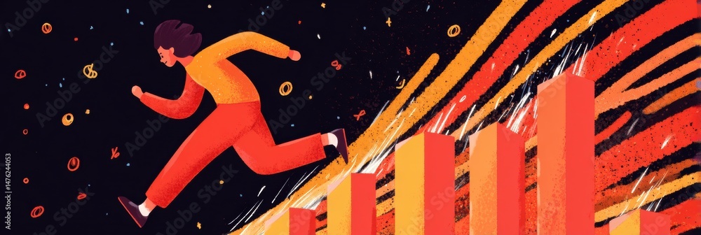 Poster dynamic discount burst illustration with a character running on a growing bar graph in a vibrant set