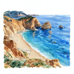 serene summer watercolor illustration of beach and cliffs