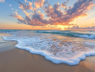 An idyllic beach scene at sunset with gentle waves lapping the shore and a vibrant sky filled with colorful clouds